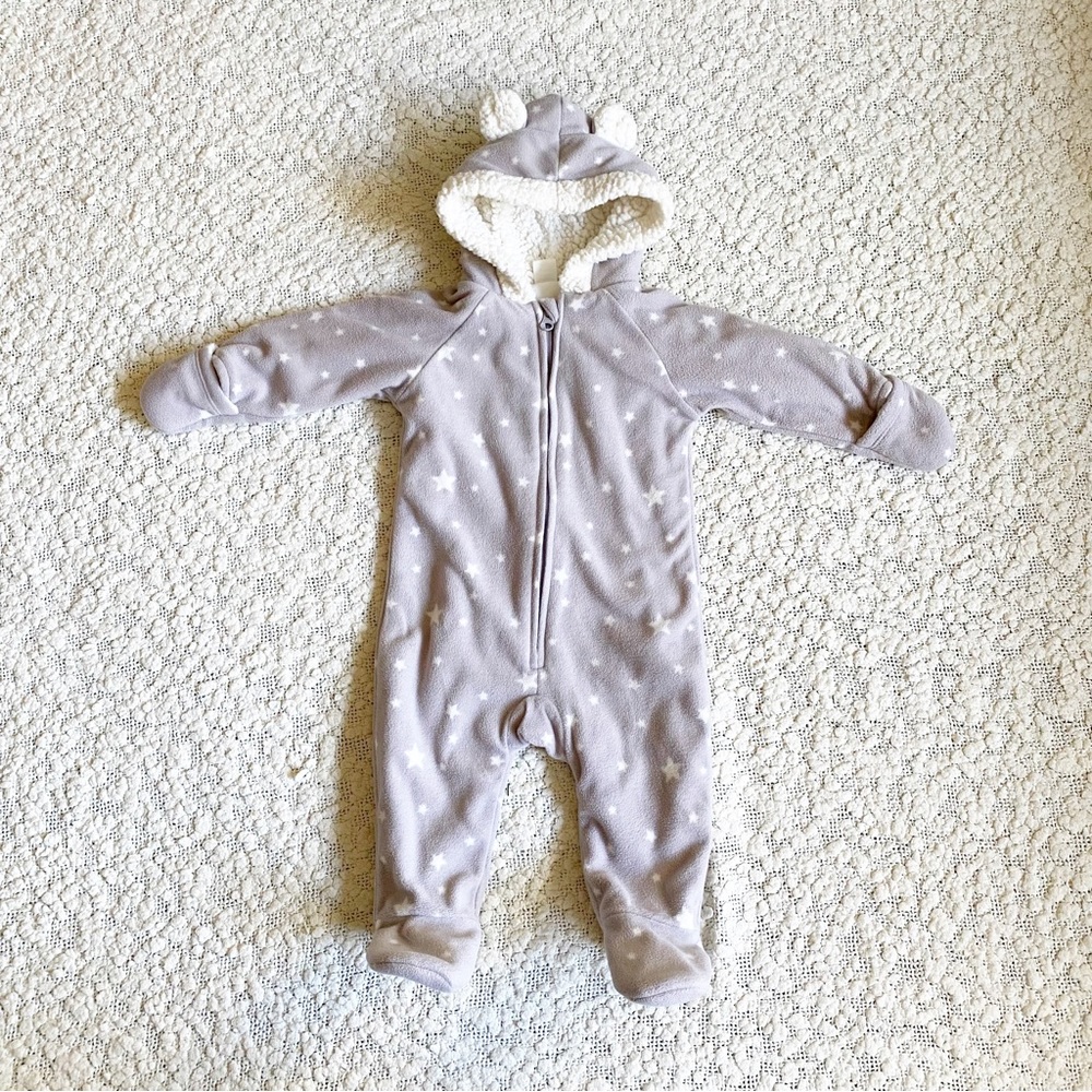 Old Navy Unisex Fleece One Piece Footie Bear Cozy Coat 6-12 months Gray Stars